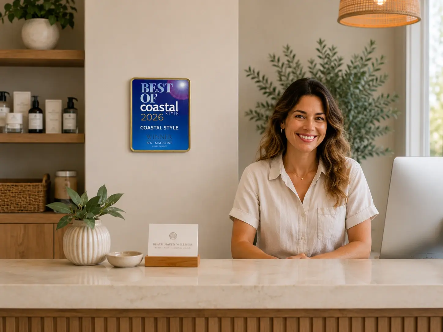 The Best Of Coastal Style 2026 plaque displayed on a wall behind a reception desk