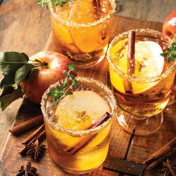 Apple cider margarita with brown sugar rim, cinnamon and fresh thyme, fall cocktail or mocktail idea in a rustic setting