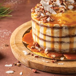 Delicious semi-naked chocolate cake with salted caramel topping and decorated with pecan nuts and coconut flakes. Elegant background
